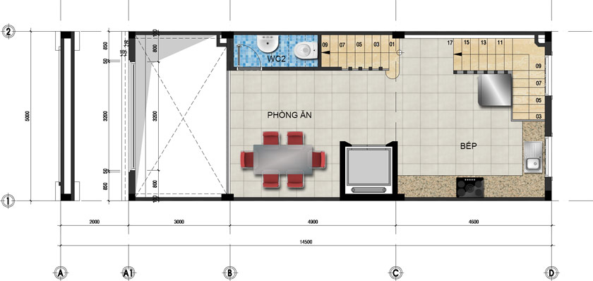 Mặt bằng tầng lửng nhà phố 16.5x5 m2